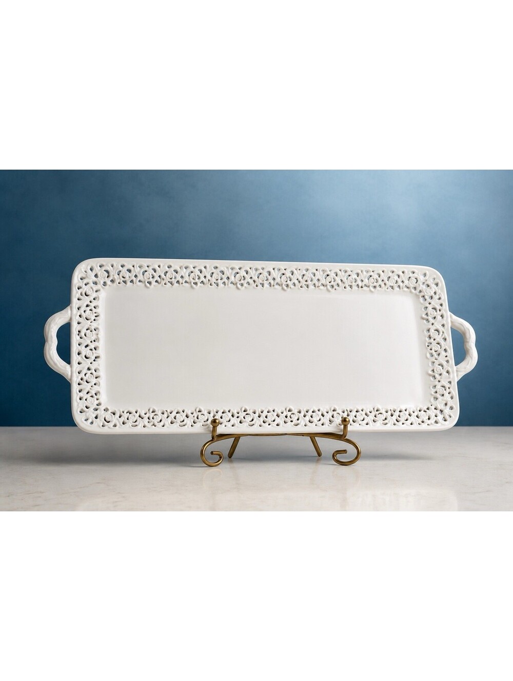 Dyramics 2020s Serving Sandwich Tray Reticulated Lace Edge White Porcelain 15x7”